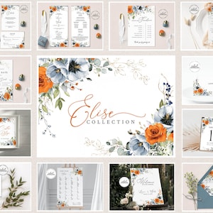 ELISE - Orange and Blue Floral Wedding Invitation Template Set Bundle, Editable Geometric Wedding Invite Collection, INSTANT DOWNLOAD, W193