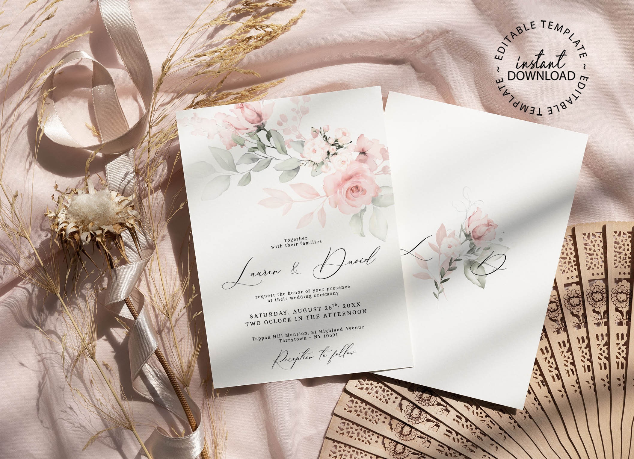 Invit Rose Editable Pale Rose Wedding Invitation Template, INSTANT DOWNLOAD, 5x7 ...