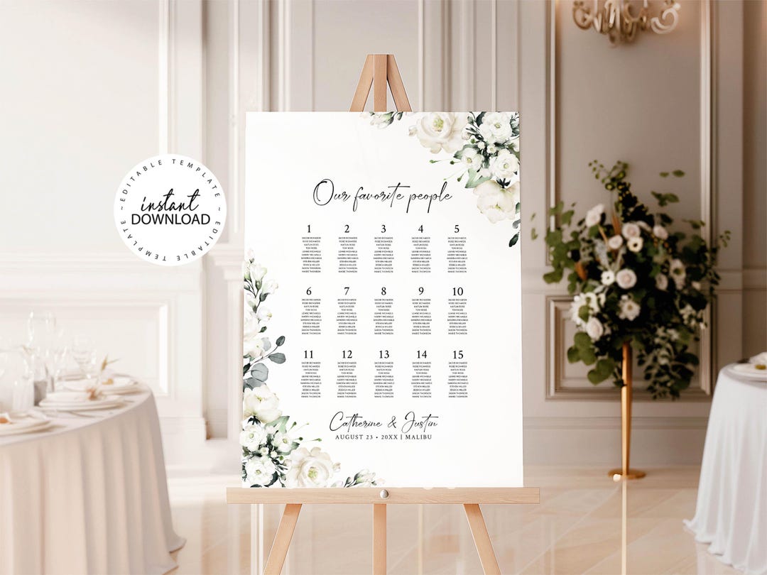 Editable Wedding Seating Plan With White Flowers, 18x24 and 24x36 ...