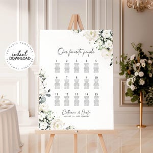 Editable Wedding Seating Plan with White Flowers, 18x24 and 24x36 Template, INSTANT DOWNLOAD Wedding Table List, W119