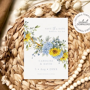 Editable Save the Date with Sunflowers, INSTANT DOWNLOAD, Blue and Yellow Wedding Save the Date Card, Print or Share Digital, W269