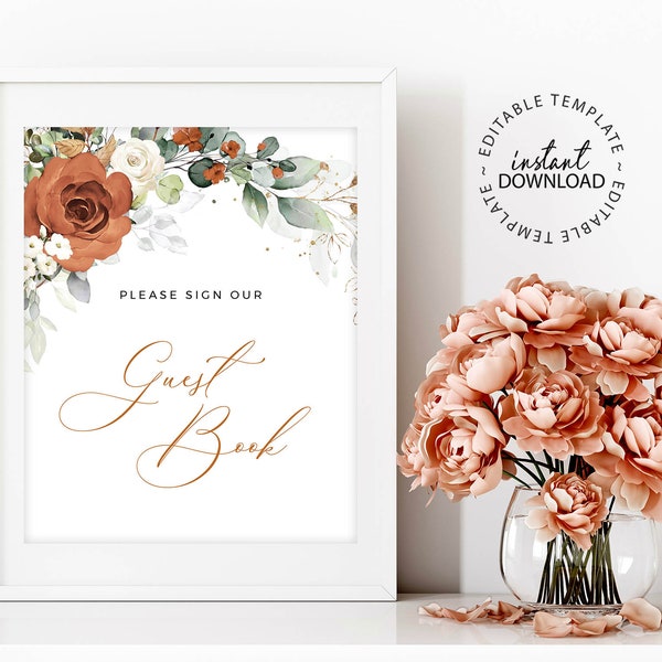LYRA - Wedding Sign Our Guest Book Sign, INSTANT DOWNLOAD, Terracotta Floral Guest Book Signage, Guestbook Editable Poster, W179