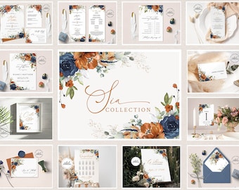 SIA - Burnt Orange and Blue Wedding Invitation Collection, INSTANT DOWNLOAD, Editable Orange Floral Wedding Set, Blue Floral Invites, W208