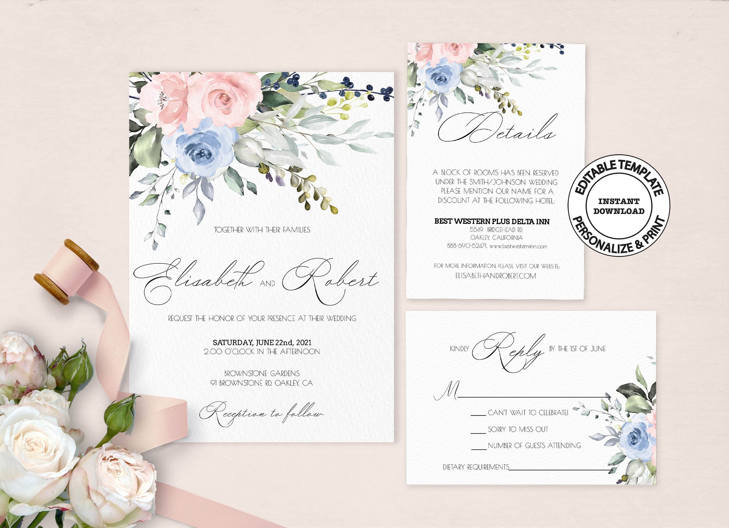 Editable Blush and Blue Floral Wedding Invitation Suite - Etsy