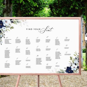 CHLOE - Alphabetical Order Seating Plan Template, Blue Floral Wedding Guests List, Editable Wedding Seating Chart, INSTANT DOWNLOAD, W159