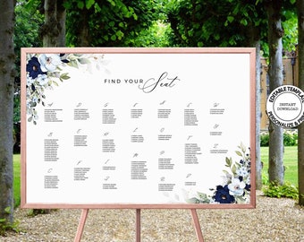 CHLOE - Alphabetical Order Seating Plan Template, Blue Floral Wedding Guests List, Editable Wedding Seating Chart, INSTANT DOWNLOAD, W159