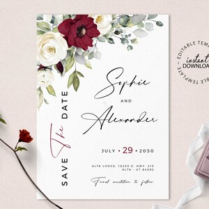 Dark Red and Cream White floral Save the Date Template, INSTANT DOWNLOAD, Red Floral Editable Save the Date, Printable, W26