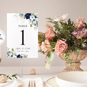 CHLOE - Blue Floral Wedding Table Number Template, Editable Navy Table Numbers, Navy and Baby Blue Printable Table Number, W159