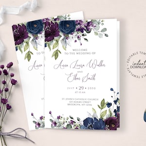 Puede incluir: Plantilla de invitación de boda con un diseño floral con flores moradas y azules. El texto dice "Bienvenido a la boda de Anna Louisa Walker y Ethan Smith, 29 de julio de 2050 a las 10:00 AM, Iglesia Católica de San Juan, 123 Adams Street, Brooklyn, NY 12346".