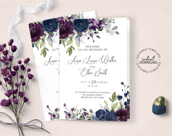 Editable Foldable Program Template, INSTANT DOWNLOAD, Purple and Blue Floral Wedding Bifold Program, Catholic Church Ceremony Schedule, W205