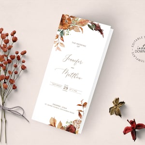 SCARLETT - Folded Wedding Program Editable Template , INSTANT DOWNLOAD, Rust and Burnt Orange Floral Program, Catholic Booklet Program, W89