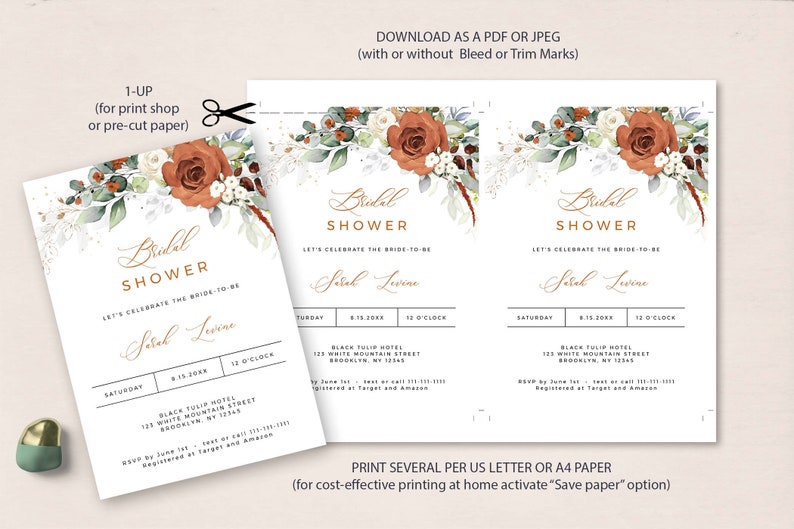 LYRA Bridal Shower Invitation, Editable Burnt Orange Bridal Shower Invite, INSTANT DOWNLOAD, Terracotta Floral Shower Invites, W179 image 6