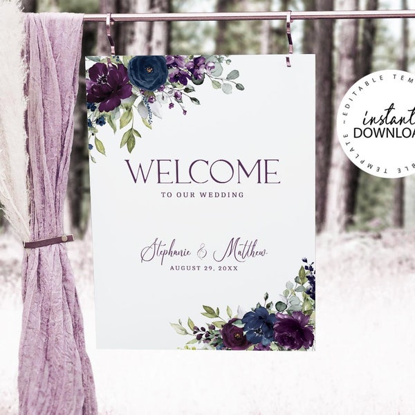 Editable Burnt Wedding Welcome Sign, INSTANT DOWNLOAD, Plum Purple and Blue Floral Welcome Poster, Shower Welcome Signs, W205