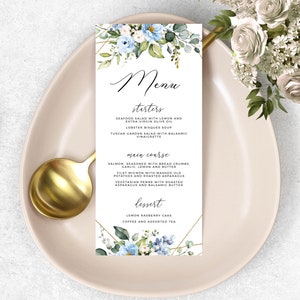 LARA - Blue Floral Wedding Menu Template, Editable Baby Blue Floral Menu, INSTANT DOWNLOAD, Printable Festive Dinner Menus, W78