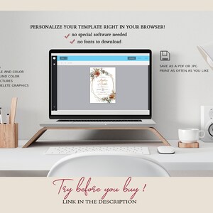 May include: A laptop computer displaying a wedding invitation template on a screen. The invitation features a floral design with gold accents. The text on the screen reads "Try before you buy! Link in the description".
