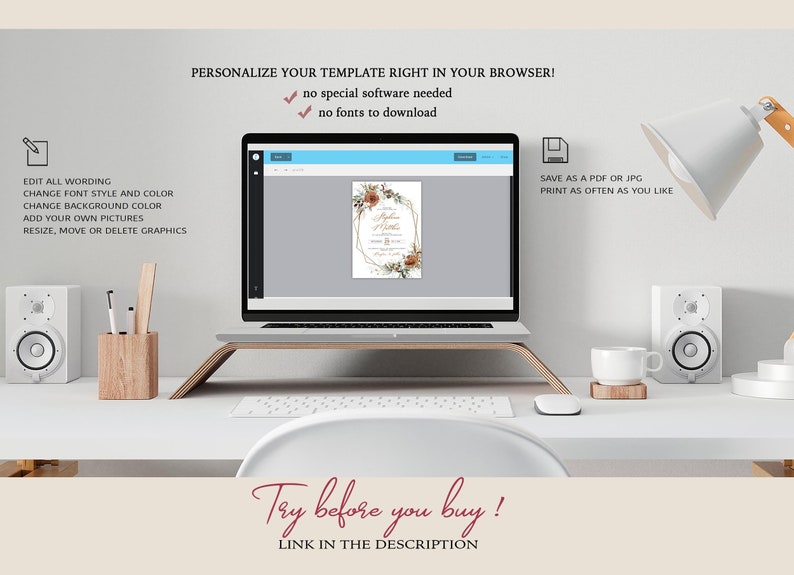 May include: A laptop computer displaying a wedding invitation template on a screen. The invitation features a floral design with gold accents. The text on the screen reads "Try before you buy! Link in the description".