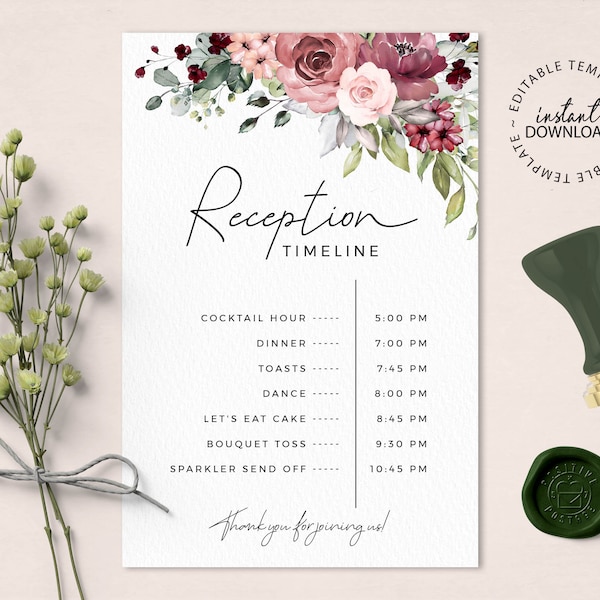 Floral Reception Timeline Card, Editable Wedding Reception Schedule Template, 4x6, Roses Printable Wedding Itinerary, INSTANT DOWNLOAD, W20