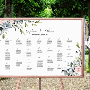 SERENE - Alphabetical Seating Chart Editable Template, INSTANT DOWNLOAD, Blue Floral Wedding Seating Plan, Wedding Guest List Poster, W34