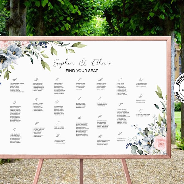 SERENE - Alphabetical Seating Chart Editable Template, INSTANT DOWNLOAD, Blue Floral Wedding Seating Plan, Wedding Guest List Poster, W34