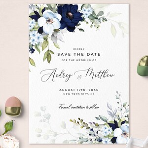 May include: Save the date wedding invitation with a watercolor floral design in shades of blue and green. The invitation features the text "Kindly Save the Date for the Wedding of Aubrey & Matthew August 17th, 2050 New York City, NY Formal invitation to follow."
