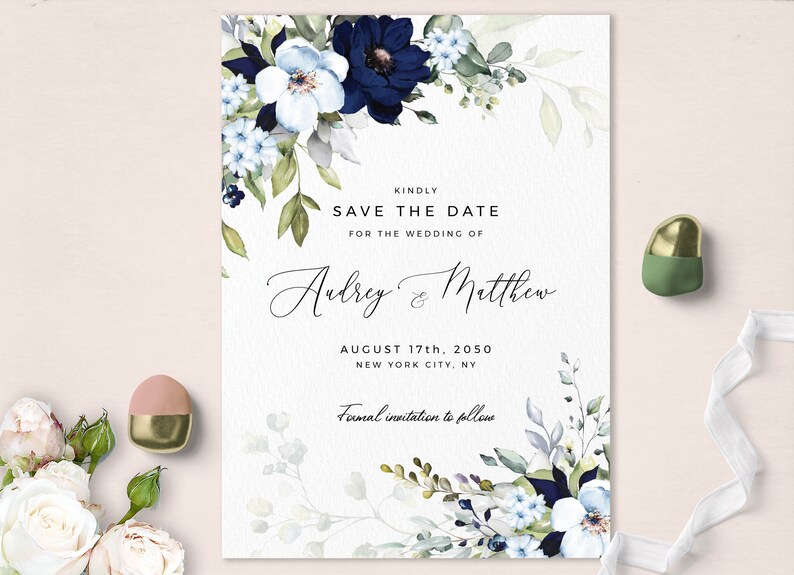 May include: Save the date wedding invitation with a watercolor floral design in shades of blue and green. The invitation features the text "Kindly Save the Date for the Wedding of Aubrey & Matthew August 17th, 2050 New York City, NY Formal invitation to follow."