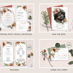 May include: Set of wedding stationery templates with a floral design featuring orange, white, and green flowers. The set includes an invitation, RSVP card, details card, reception card, save the date card, program, and thank you cards.