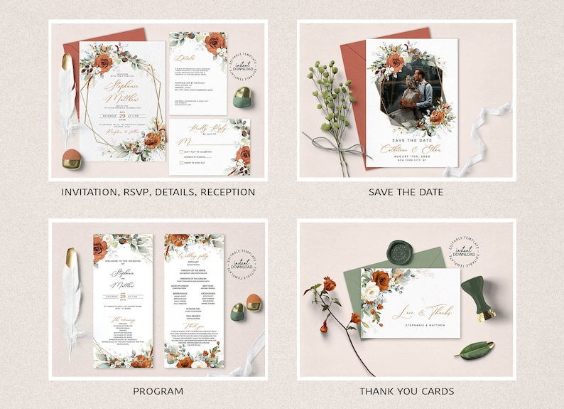 May include: Set of wedding stationery templates with a floral design featuring orange, white, and green flowers. The set includes an invitation, RSVP card, details card, reception card, save the date card, program, and thank you cards.