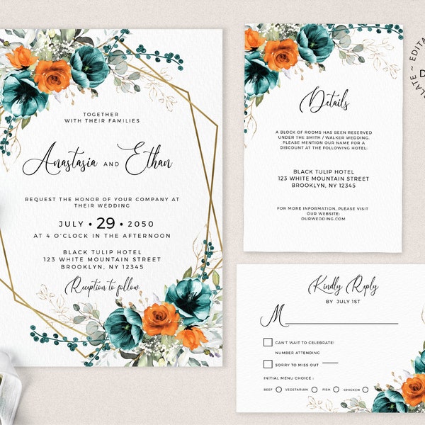 Editable Floral Wedding Invitation Set, INSTANT DOWNLOAD, Orange and Teal Green Wedding Invite Template, Faux Gold Hexagon Invites,  W209