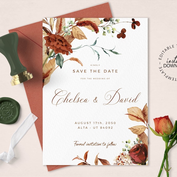 SCARLETT - Editable Fall Save The Date, Autumn Floral Save the Date Template, INSTANT DOWNLOAD, Rust and burnt orange, Earth tones,  W89