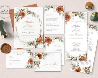 LYRA - Editable Burnt Orange Wedding Invitation Set, INSTANT DOWNLOAD, Terracotta Floral Wedding Invite Template Bundle, W179