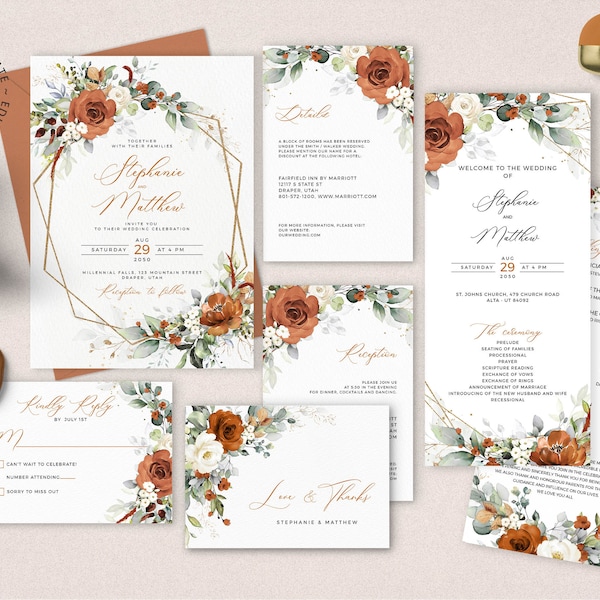 LYRA - Editable Burnt Orange Wedding Invitation Set, INSTANT DOWNLOAD, Terracotta Floral Wedding Invite Template Bundle, W179