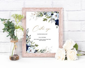 CHLOE - Editable Navy and Pale Blue Floral Wedding Sign Template,  Printable Customizable Shower Sign, 8x10 inch, INSTANT DOWNLOAD, W159