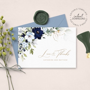 CHLOE - Blaue Blumen Dankeskarten Vorlage, bearbeitbar, SOFORTIGER DOWNLOAD, flach oder gefaltet Hochzeit Dankeskarten mit Marine Blumen, W159
