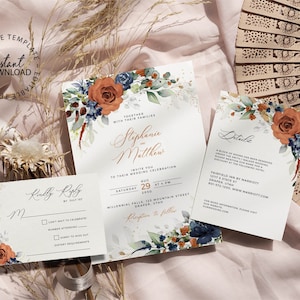 Editable Burnt Orange and Blue Wedding Invitation Set, INSTANT DOWNLOAD, Fall Floral Wedding Invite, Blue Flowers Invites, W208