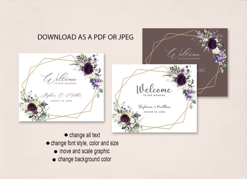 Purple and Gold Wedding Welcome Sign Template INSTANT - Etsy