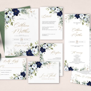 CHLOE - Editable Blue and Faux Gold Floral Wedding Invitation Set, Navy and Baby Blue Wedding Invite Template, INSTANT DOWNLOAD, W159