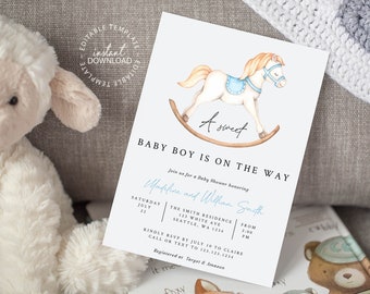 Rocking Horse Baby Shower Invitation, Editable Baby Boy Shower Invites, Horse Toy Invitations, INSTANT DOWNLOAD, Printable Invitation, W210