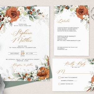 LYRA - Editable Orange and White Wedding Invitation Set, INSTANT DOWNLOAD, Terracotta Floral Wedding Invite, Orange Invites, W179
