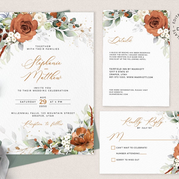 LYRA - Editable Orange and White Wedding Invitation Set, INSTANT DOWNLOAD, Terracotta Floral Wedding Invite, Orange Invites, W179