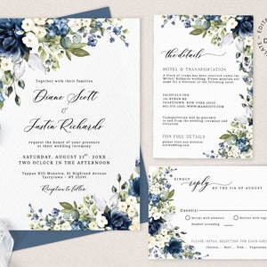Blue and White Floral Wedding Invitation Suite, Editable Template, INSTANT DOWNLOAD, Printable Flowers Invite, RSVP and Details Card, W158