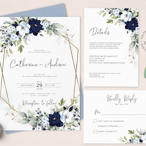 CHLOE - Blue and Faux Gold Floral Wedding Invitation Template, Editable Navy and Baby Blue Wedding Invite Set, INSTANT DOWNLOAD, W159
