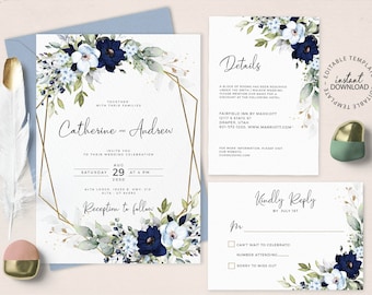 CHLOE - Blue and Faux Gold Floral Wedding Invitation Template, Editable Navy and Baby Blue Wedding Invite Set, INSTANT DOWNLOAD, W159