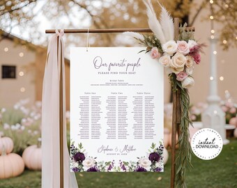 Wedding Seating Chart Template: Plum Purple Floral Editable Table Plan, Banquet Style, Instant Download, W129