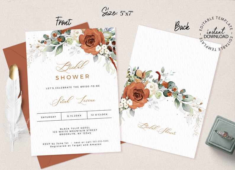 LYRA Bridal Shower Invitation, Editable Burnt Orange Bridal Shower Invite, INSTANT DOWNLOAD, Terracotta Floral Shower Invites, W179 image 2