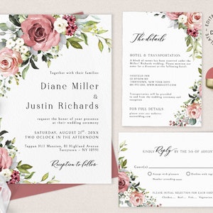 Blush and Desert Rose Floral Wedding Invitation Set, Editable Template, INSTANT DOWNLOAD, Roses Invites, Rsvp, Details Card, W17