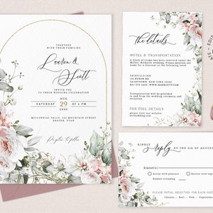 Editable Pale Pink and White Floral Wedding Invitation Set, INSTANT DOWNLOAD, Floral Faux Gold Arch Invitation Bundle, RSVP and Details, W35