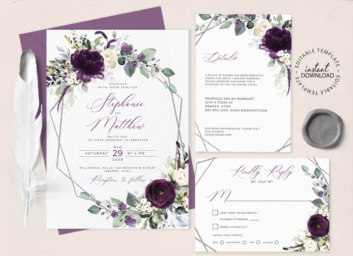 Purple and White Floral Wedding Invitation Set Editable Plum image 1
