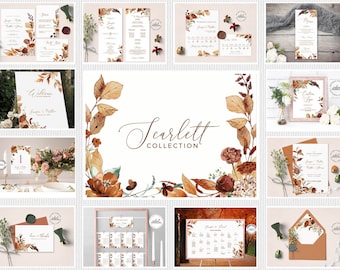 May include: A collection of wedding stationery featuring a watercolor design with fall foliage in shades of brown, orange, and red. The text "Scarlett Collection" is displayed in a handwritten font.