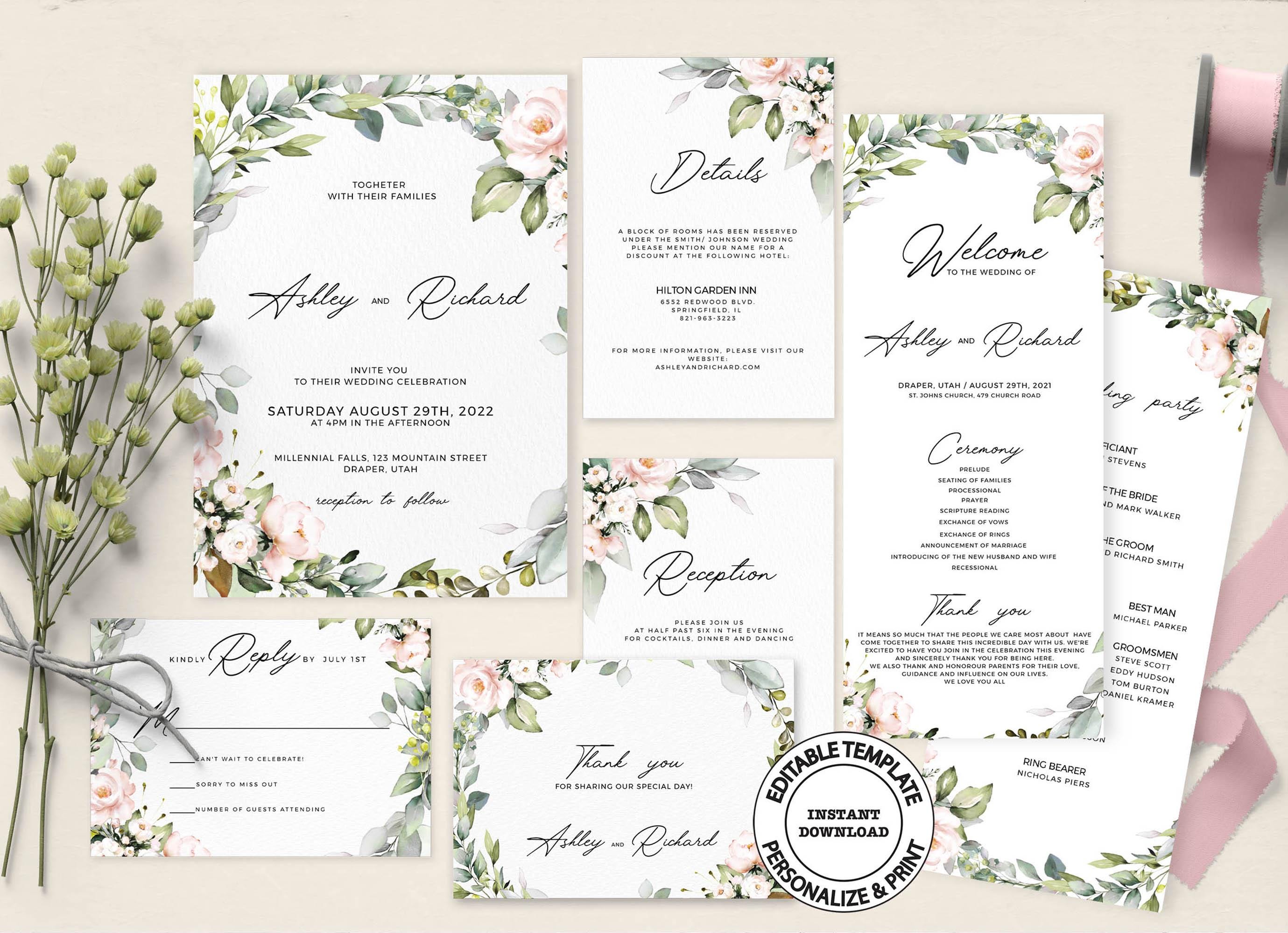 EDEN - Blush Floral Wedding Invitation Set, Editable Templates  display picture 1