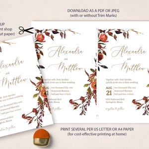 May include: A wedding invitation with a fall theme. The invitation features a watercolor illustration of autumn leaves and flowers in shades of red, orange, and brown. The text "Alexandra and Matthew" is written in gold script font. The invitation includes the date, time, and location of the wedding.